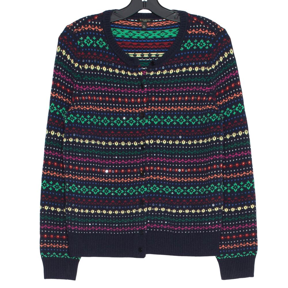 Talbots Cardigan Sweater Lambswool Fair Isle Nordic Preppy Cozy Sequin Navy PM